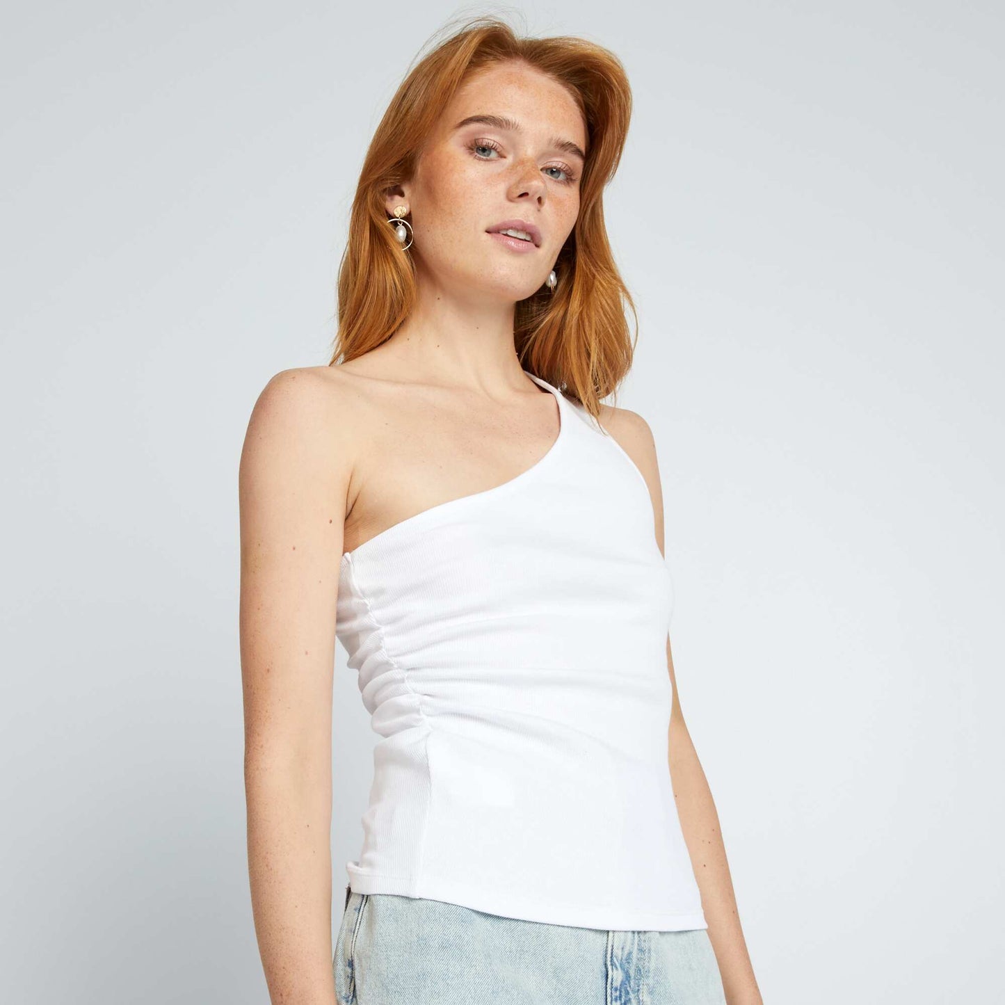 Ribbed vest top with asymmetric strap white