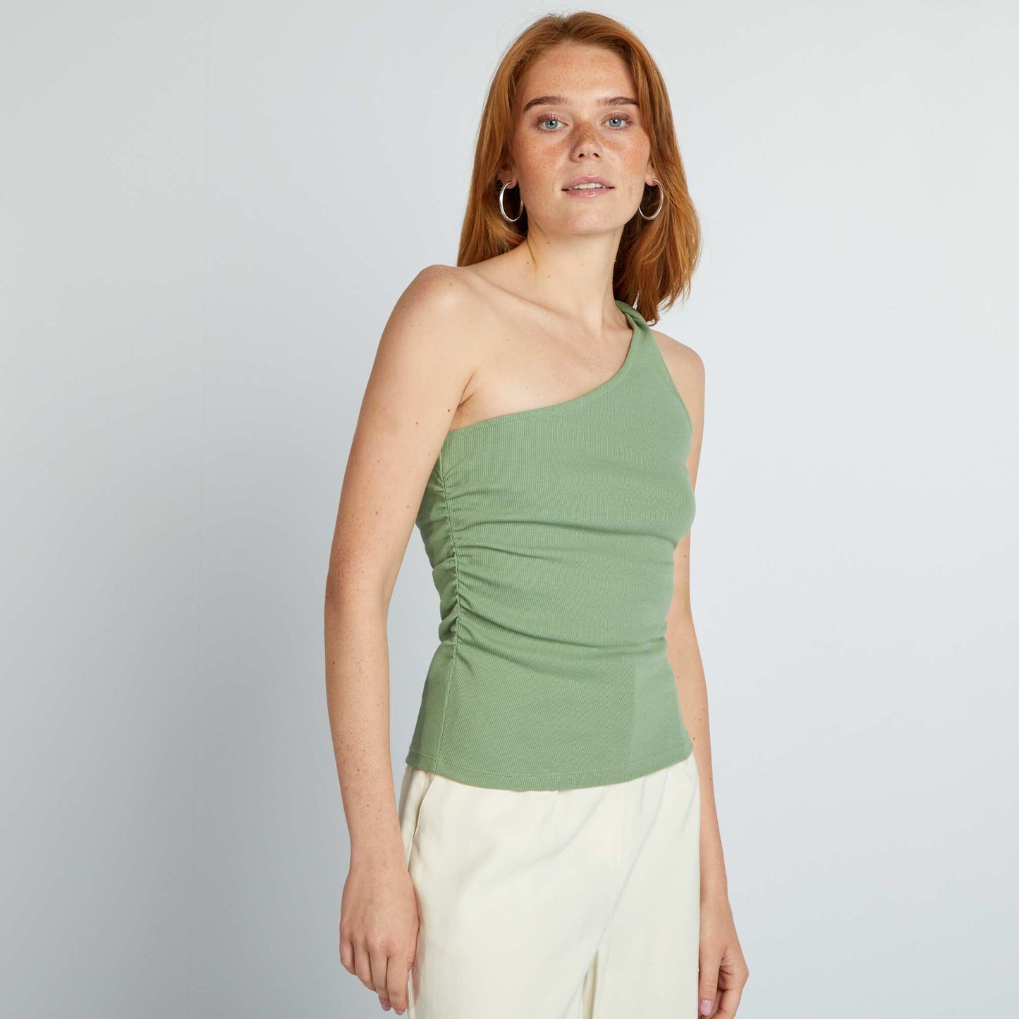 Ribbed vest top with asymmetric strap green