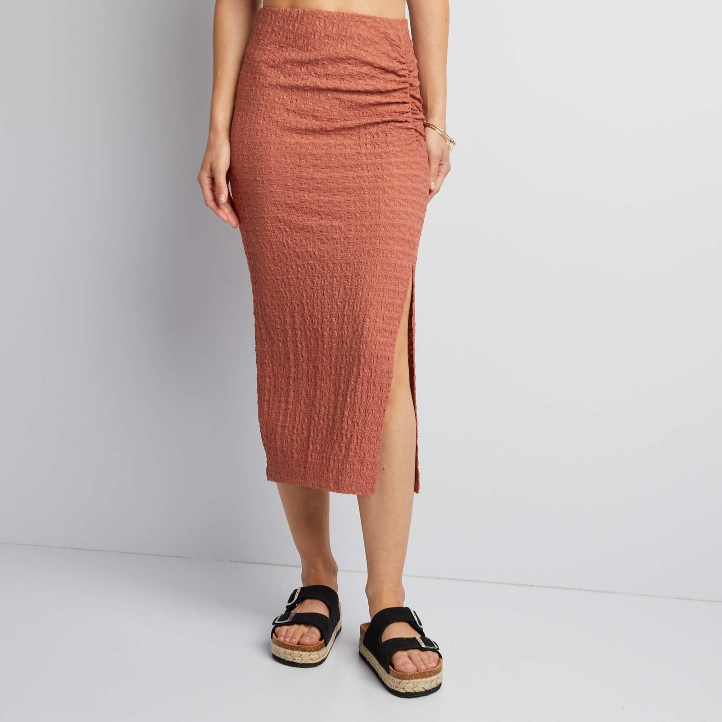 Stretch waffle-knit fabric midi skirt PINK