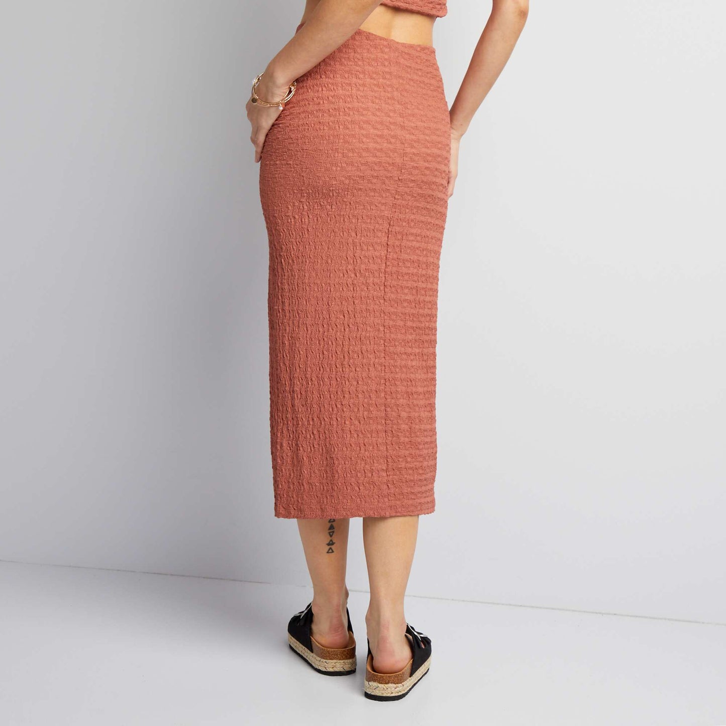 Stretch waffle-knit fabric midi skirt PINK