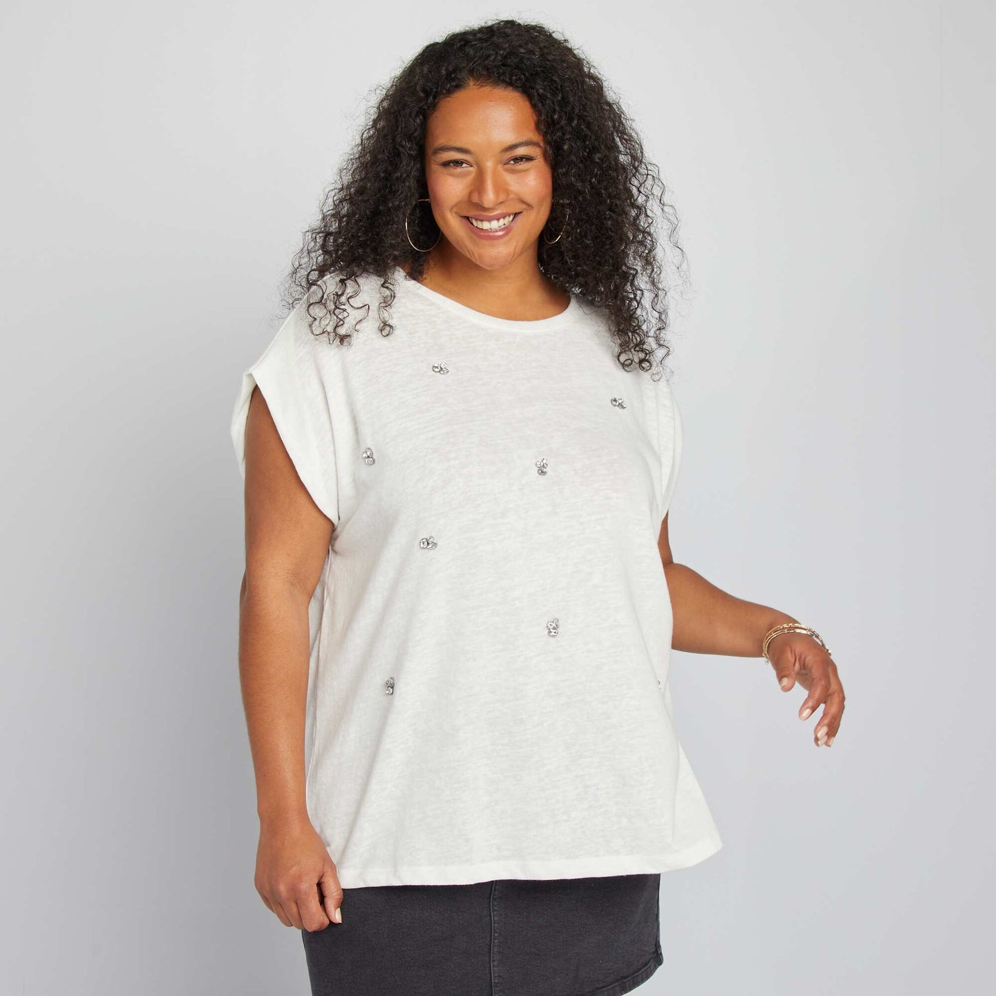 Lightweight  flowing T-shirt with pretty jewelled detailing WHITE