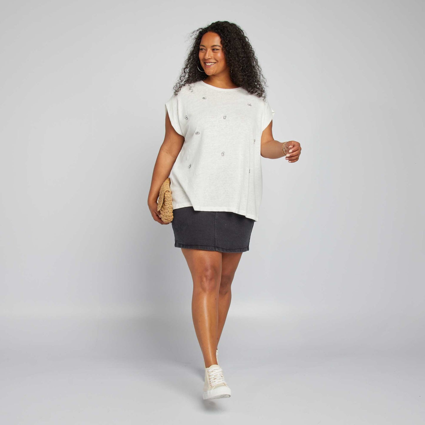 Lightweight  flowing T-shirt with pretty jewelled detailing WHITE