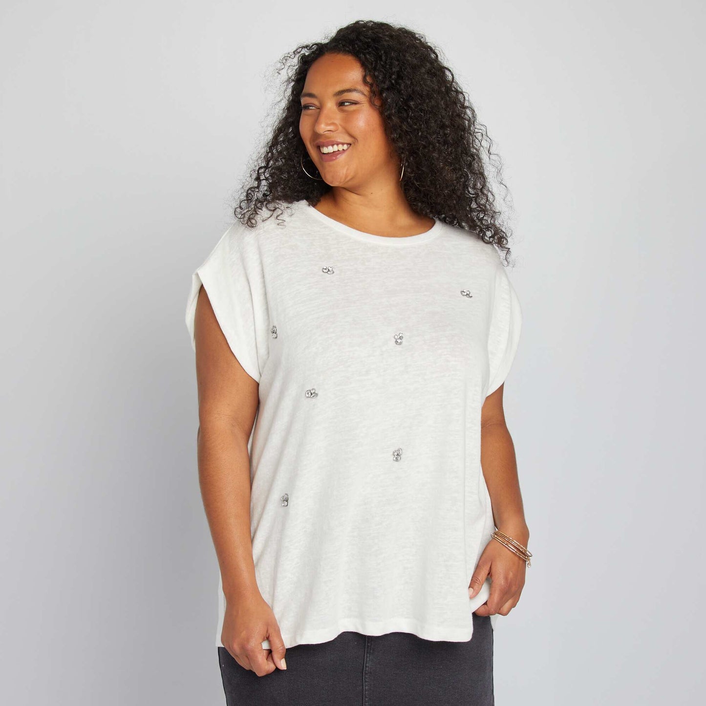 Lightweight  flowing T-shirt with pretty jewelled detailing WHITE