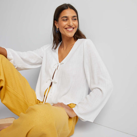 Linen blend blouse with front tie fastenings WHITE