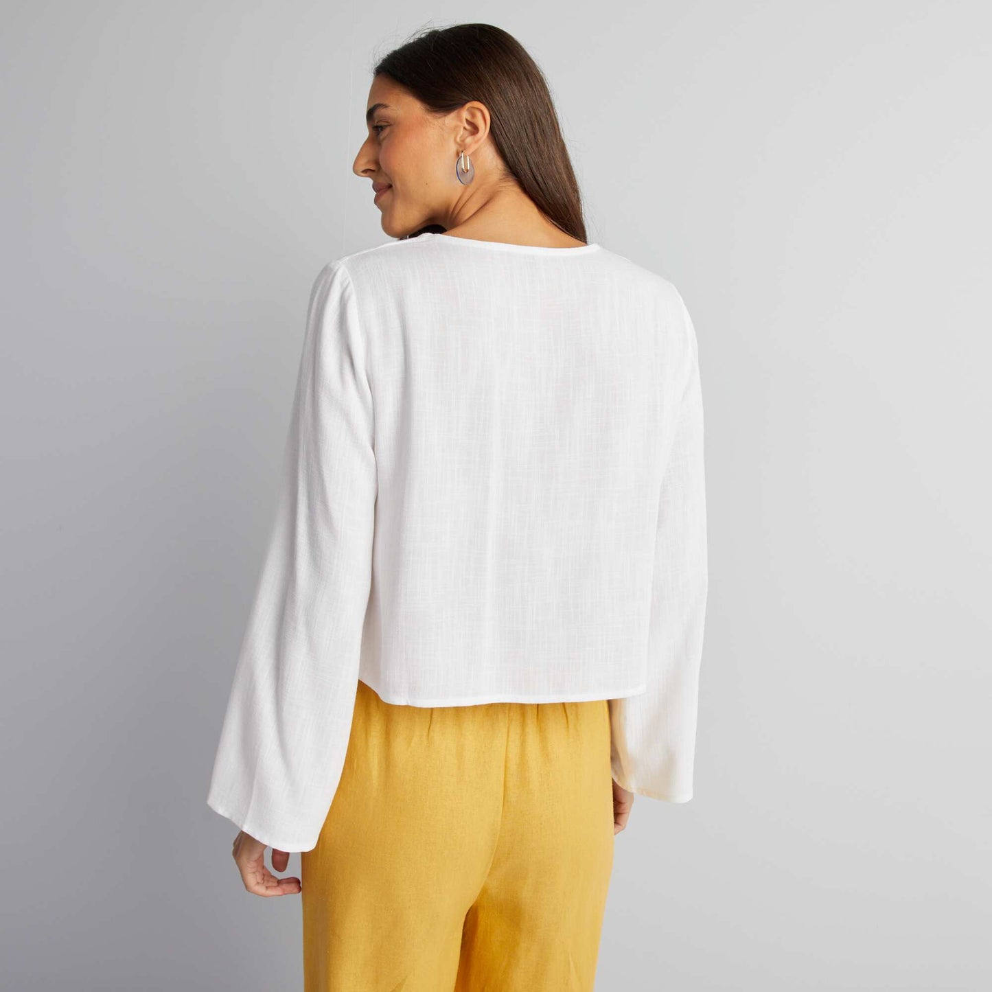 Linen blend blouse with front tie fastenings WHITE