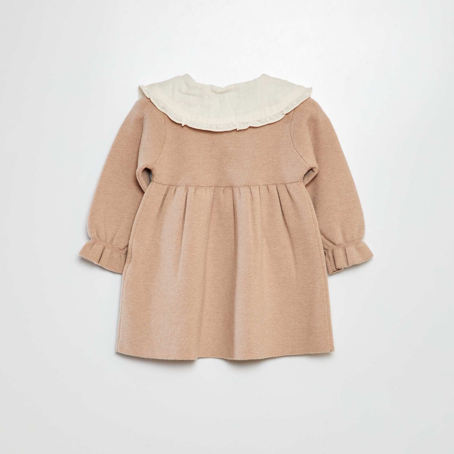 Knit dress with dotted tulle collar BEIGE