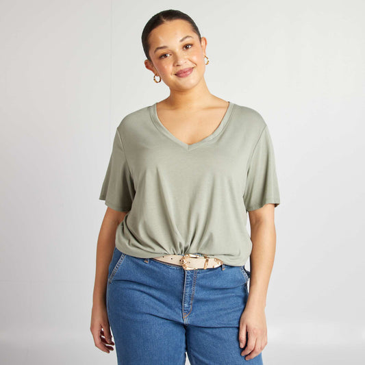 Basic plain V-neck T-shirt GREEN