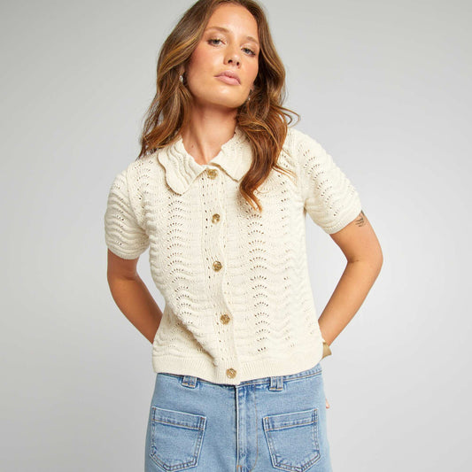 Knitted cardigan with shirt-style collar BEIGE