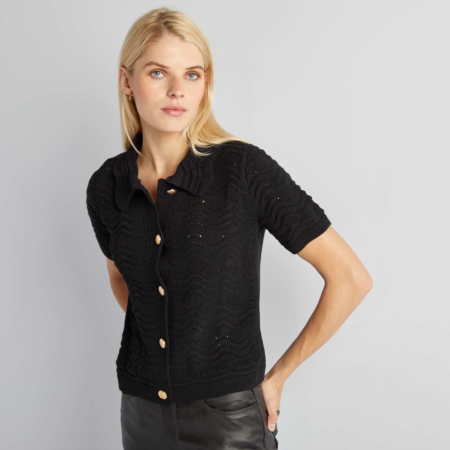 Knitted cardigan with shirt-style collar black