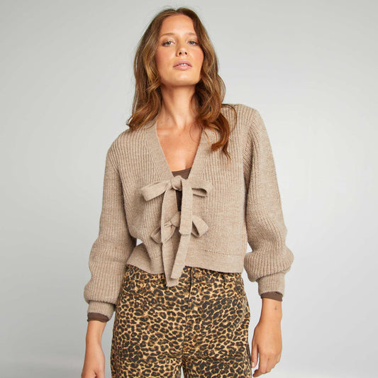 Knitted cardigan with tie fastening BROWN