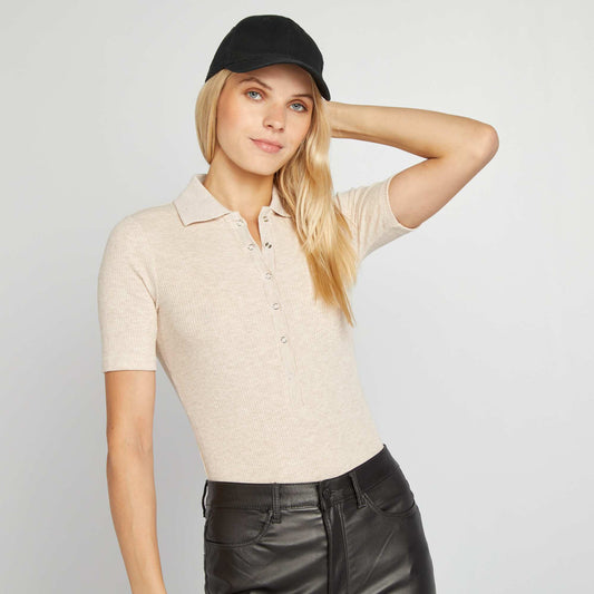 Ribbed knit bodysuit with polo collar BEIGE