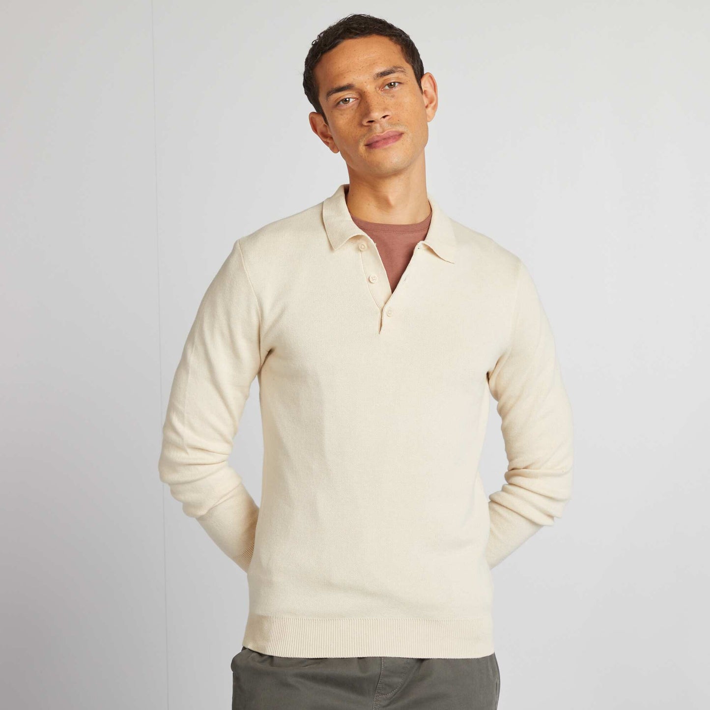 Fine gauge knit jumper with buttoned polo collar WHITE