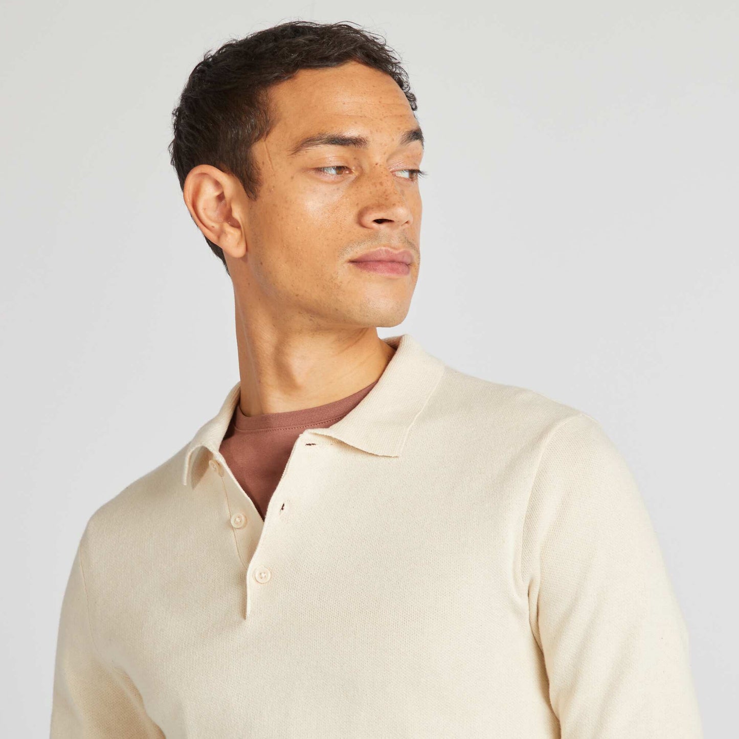 Fine gauge knit jumper with buttoned polo collar WHITE