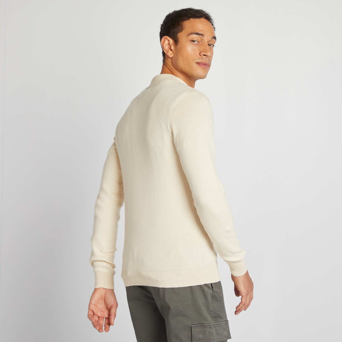 Fine gauge knit jumper with buttoned polo collar WHITE