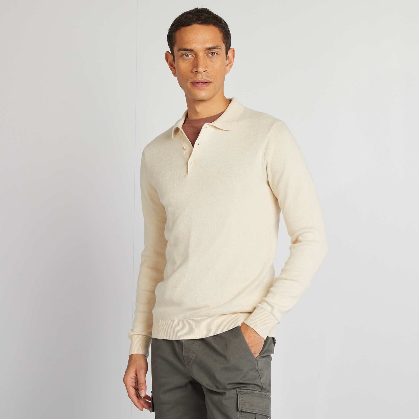 Fine gauge knit jumper with buttoned polo collar WHITE