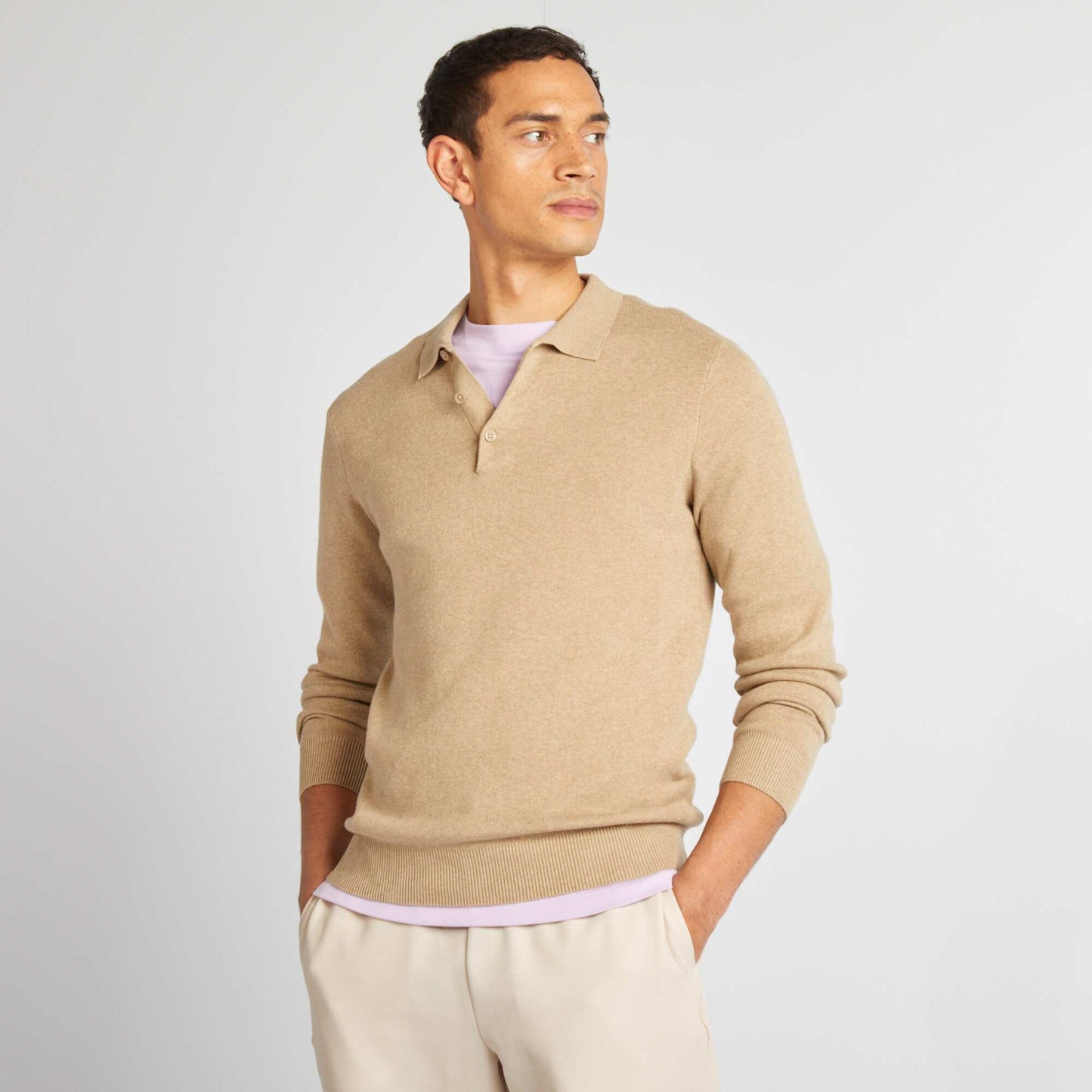 Fine gauge knit jumper with buttoned polo collar BEIGE