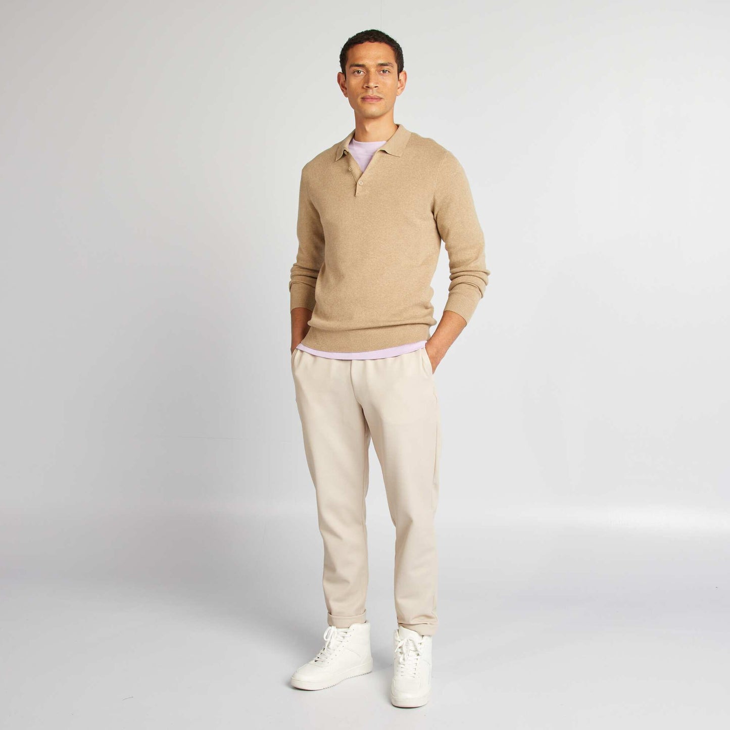 Fine gauge knit jumper with buttoned polo collar BEIGE