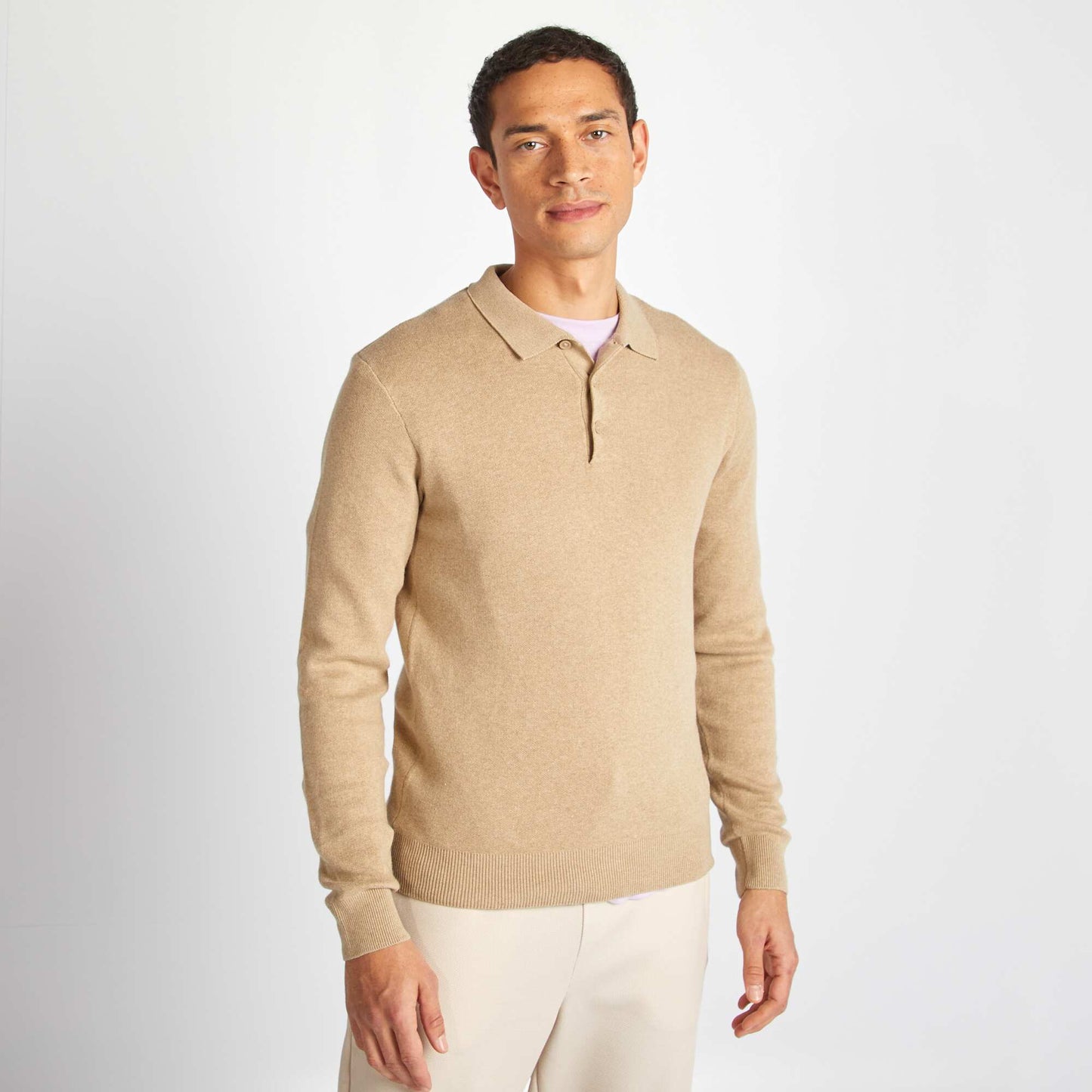 Fine gauge knit jumper with buttoned polo collar BEIGE