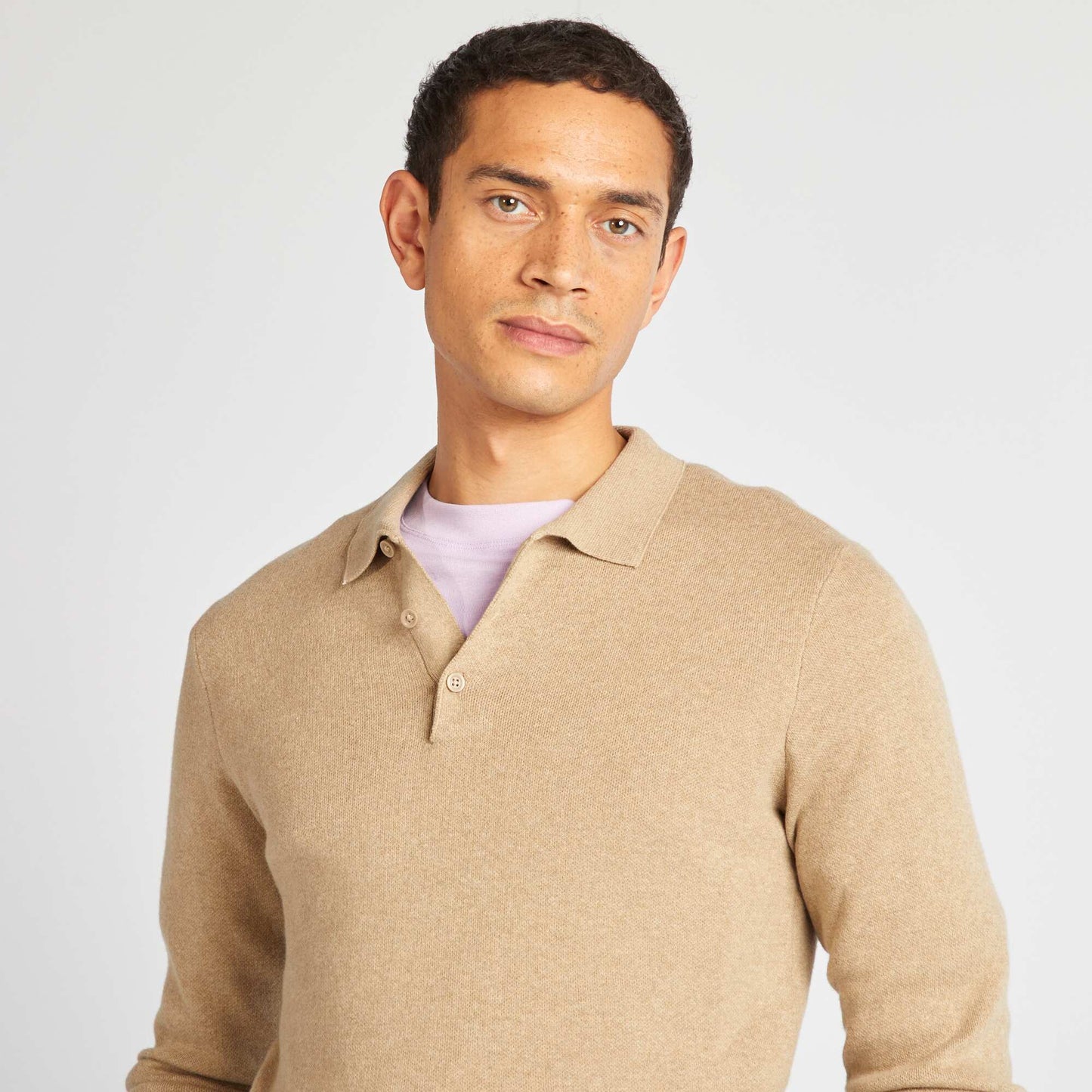 Fine gauge knit jumper with buttoned polo collar BEIGE