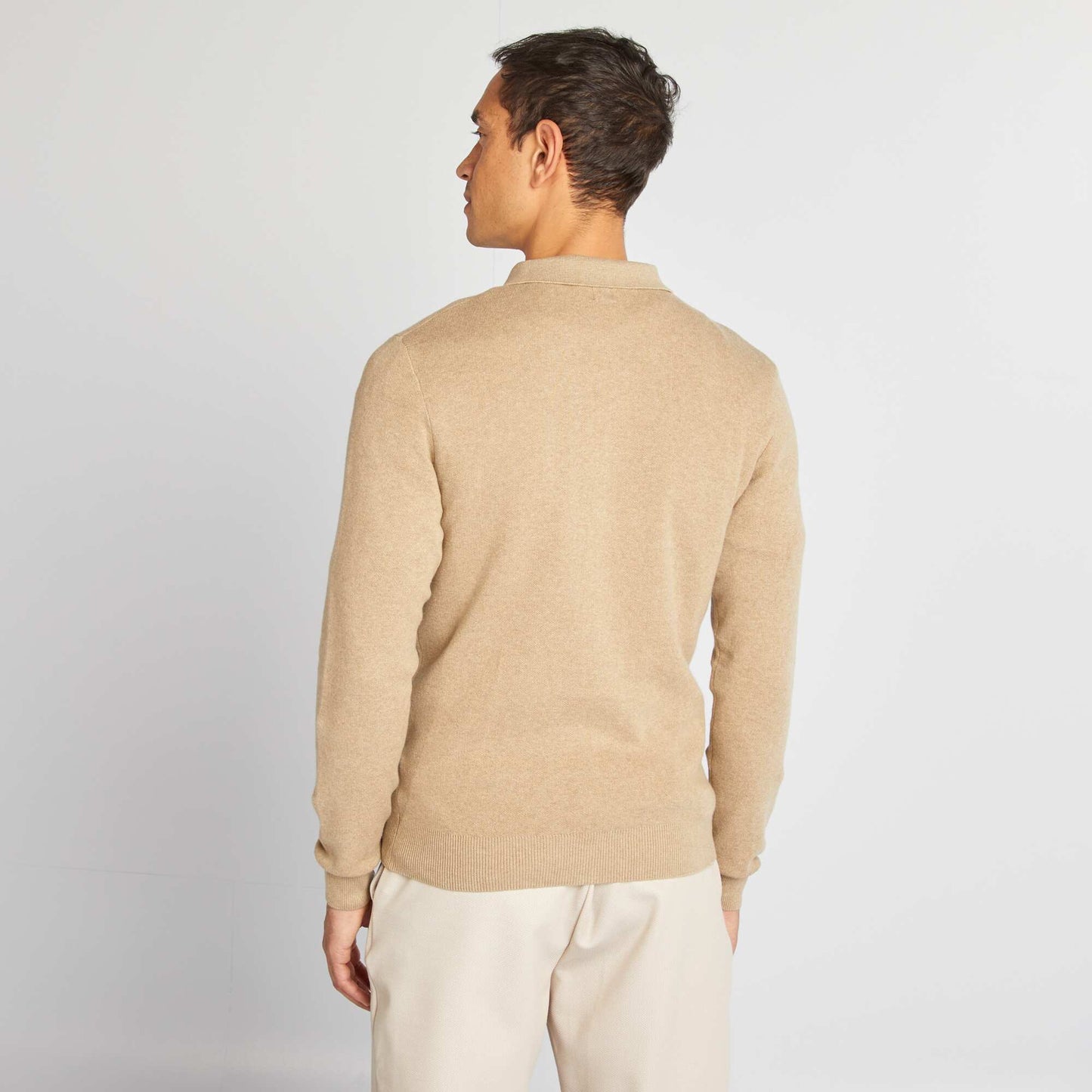 Fine gauge knit jumper with buttoned polo collar BEIGE