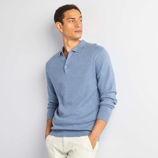 Fine gauge knit jumper with buttoned polo collar BLUE