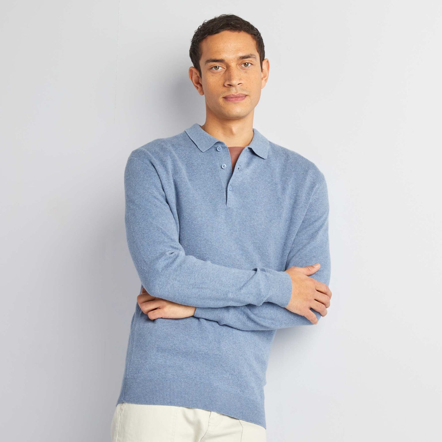 Fine gauge knit jumper with buttoned polo collar BLUE