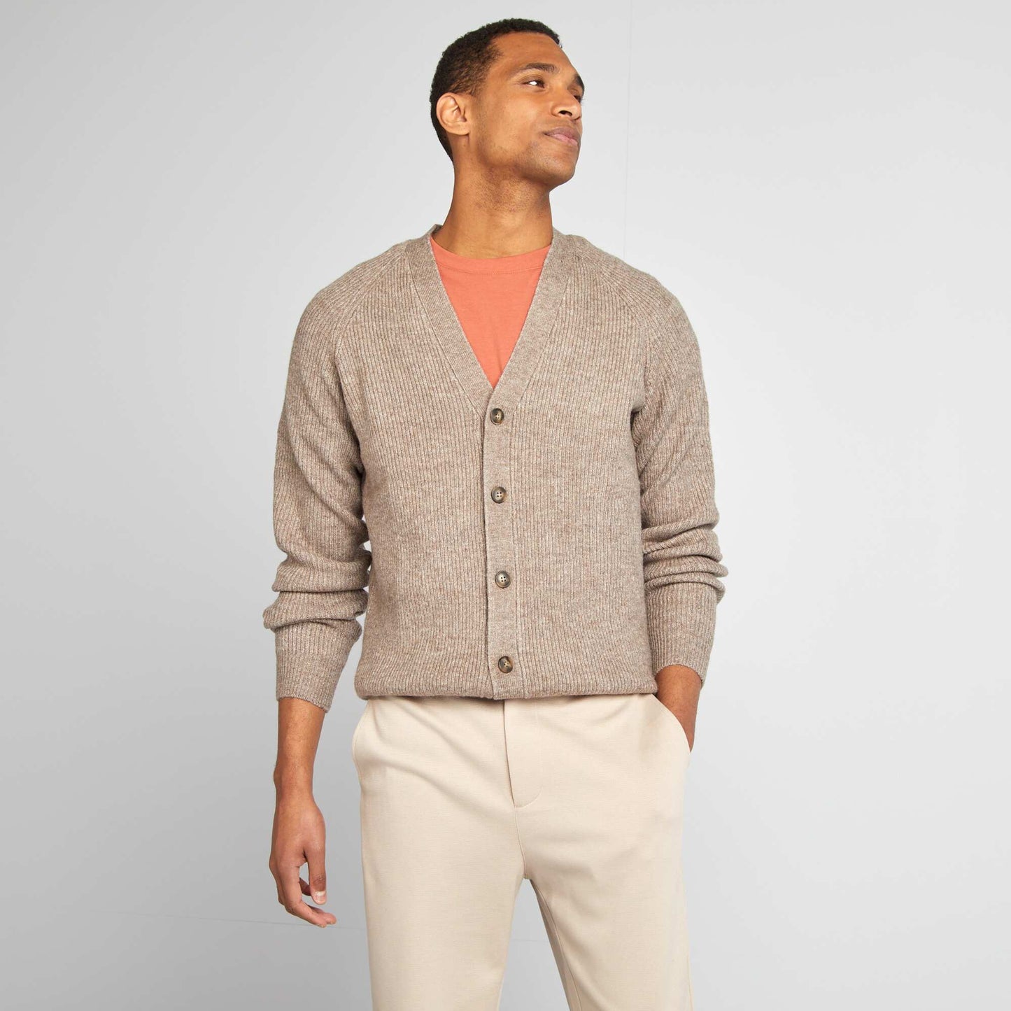 Fisherman's rib knit cardigan BEIGE