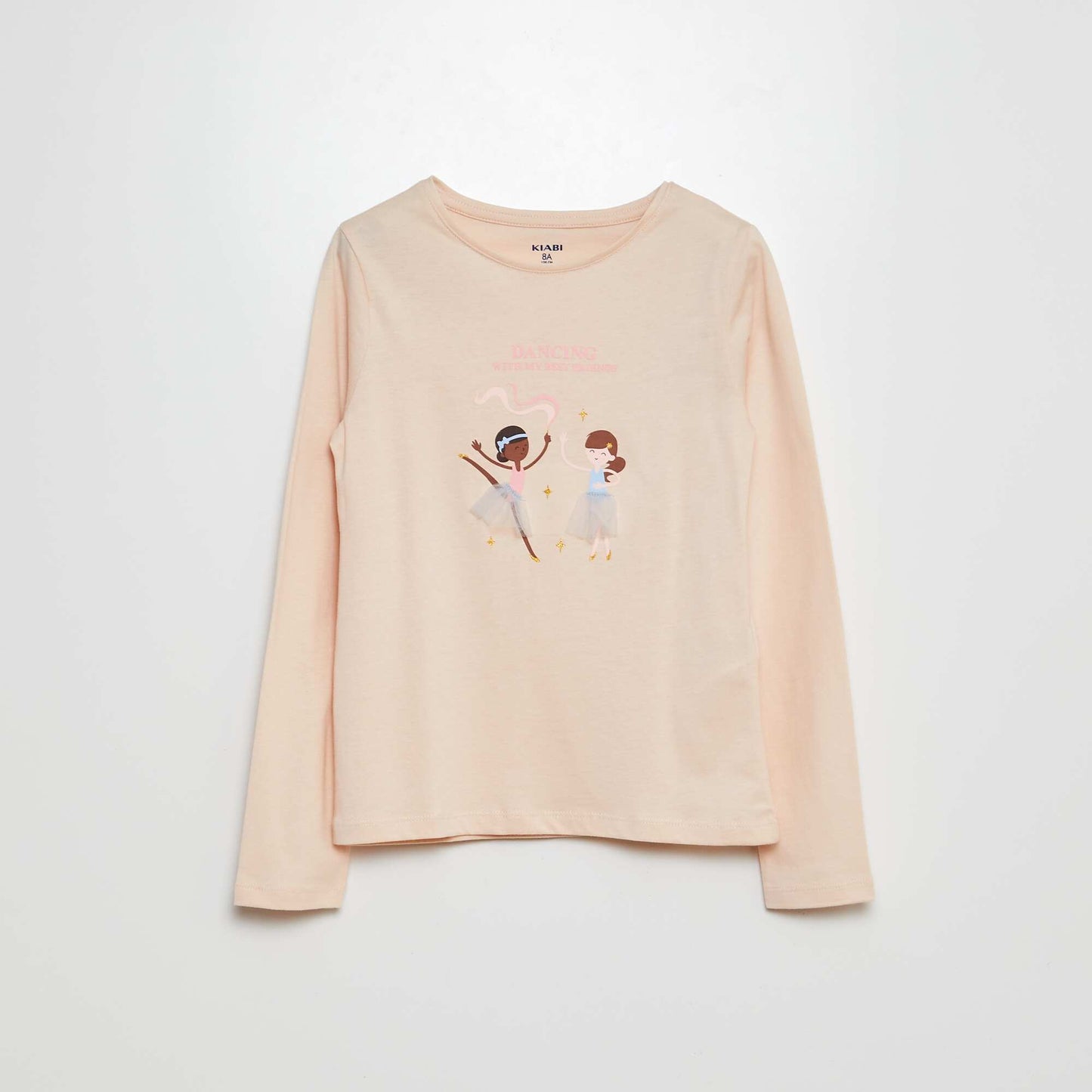 Long-sleeved printed jersey T-shirt with fancy textured designs PINK