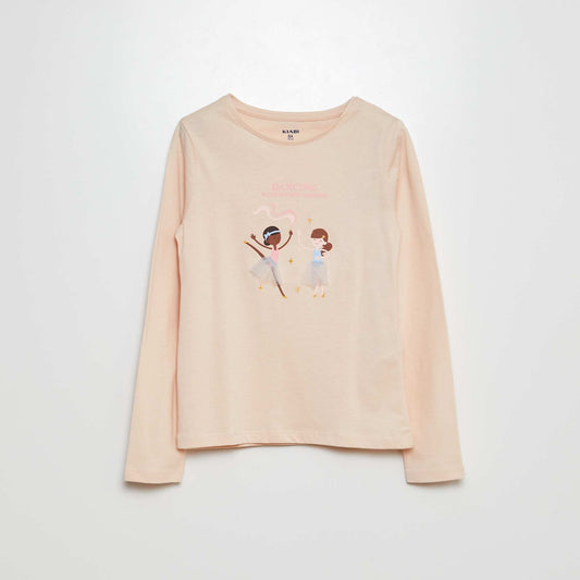 Long-sleeved printed jersey T-shirt with fancy textured designs PINK