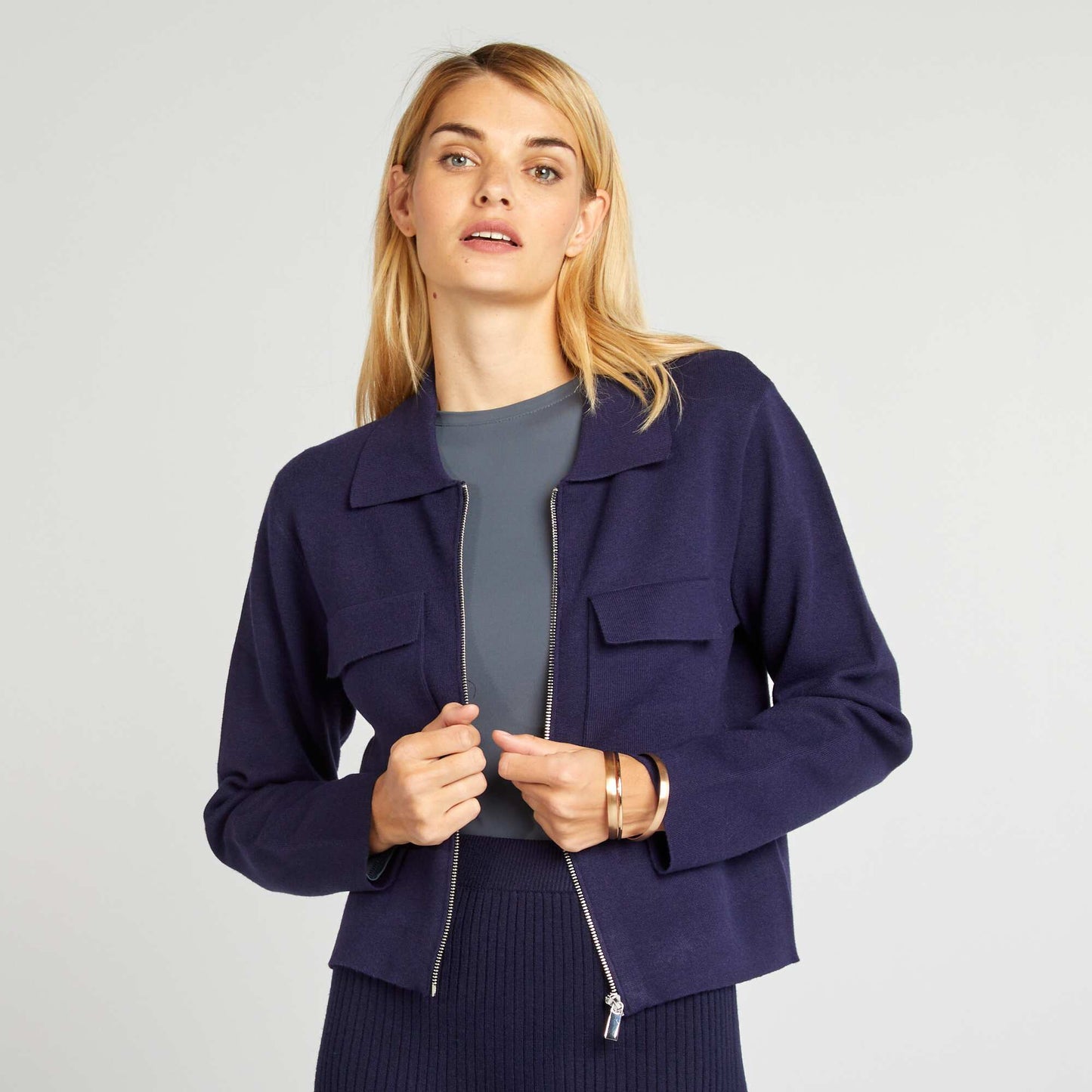 Zip-up polo neck cardigan BLUE