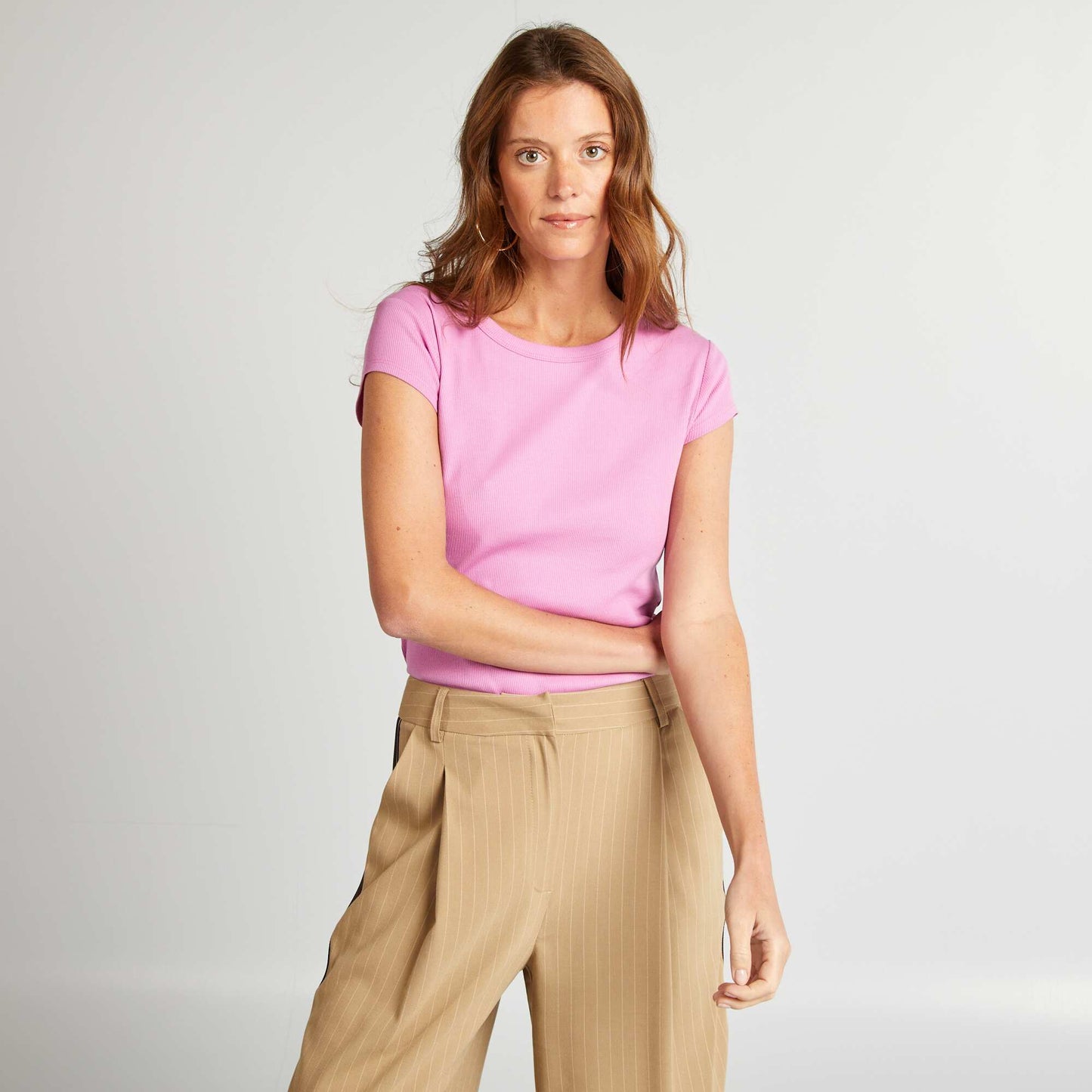 Short-sleeved ribbed knit T-shirt PINK