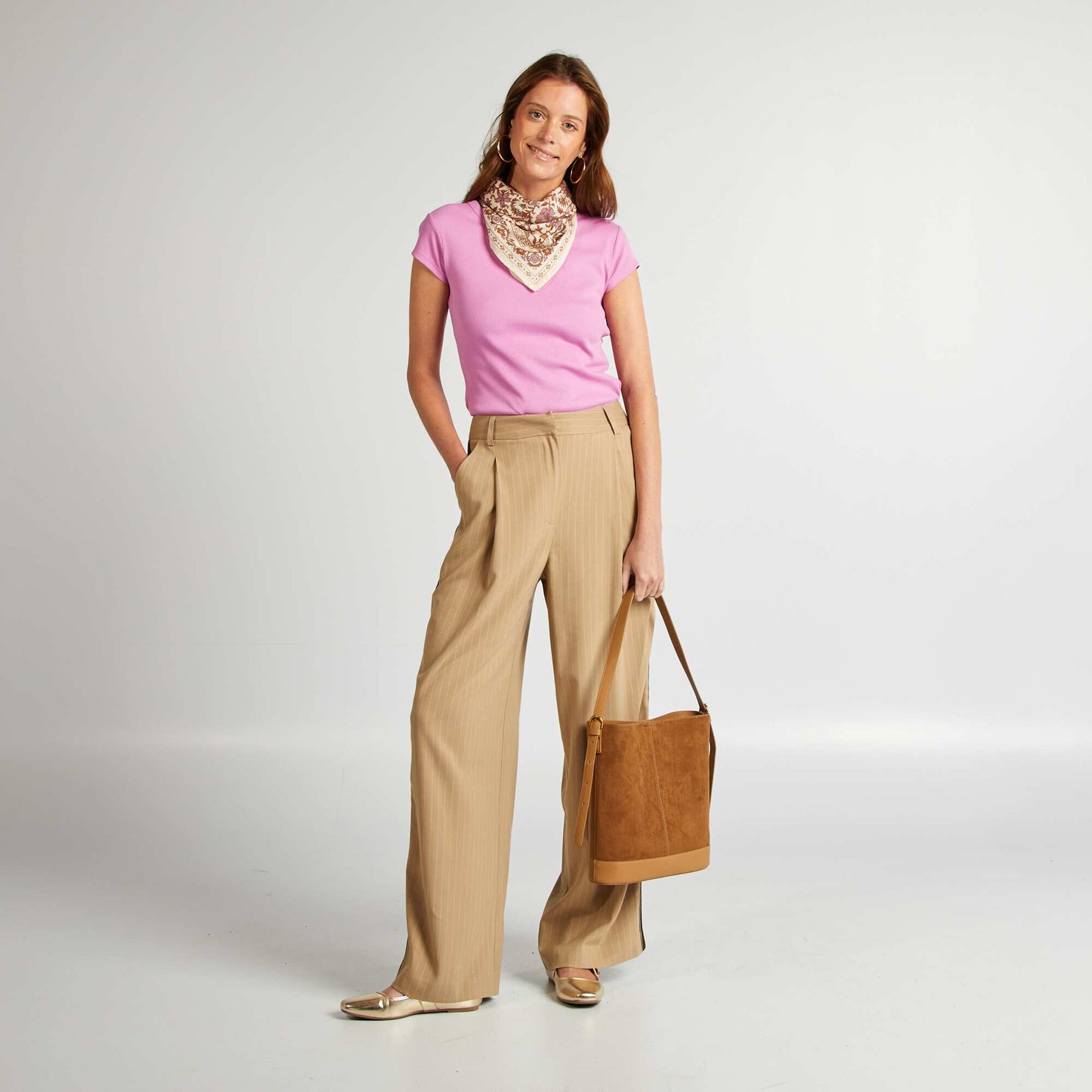 Short-sleeved ribbed knit T-shirt PINK