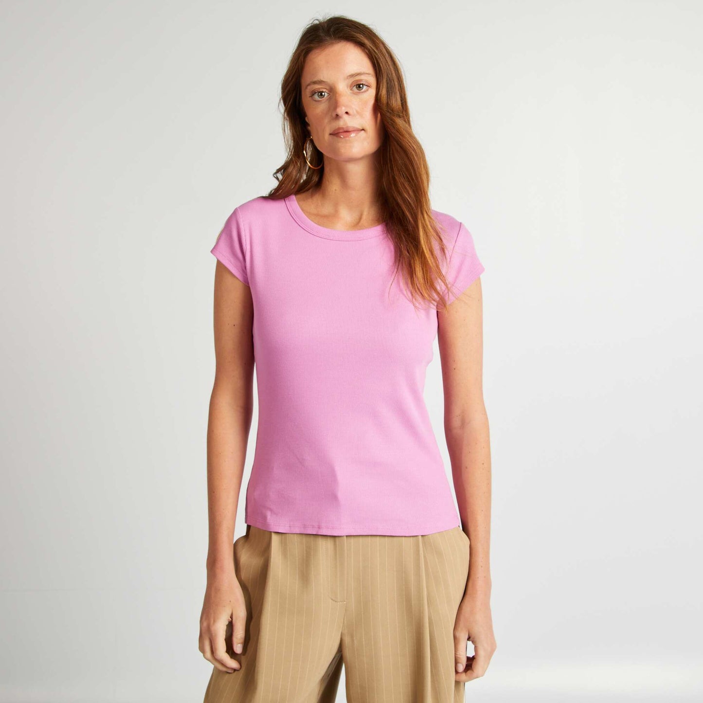 Short-sleeved ribbed knit T-shirt PINK