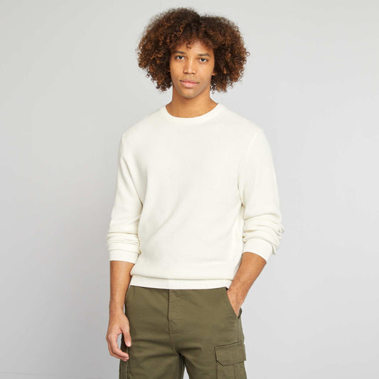 Round neck piqué knit sweater WHITE