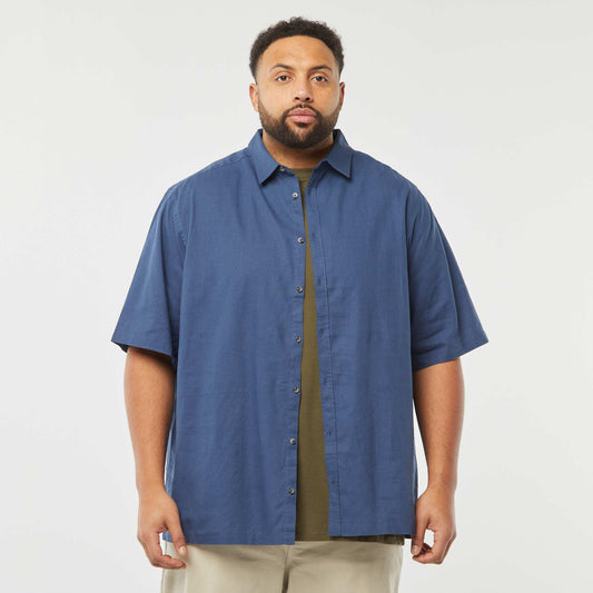 Short-sleeved linen-blend shirt BLUE