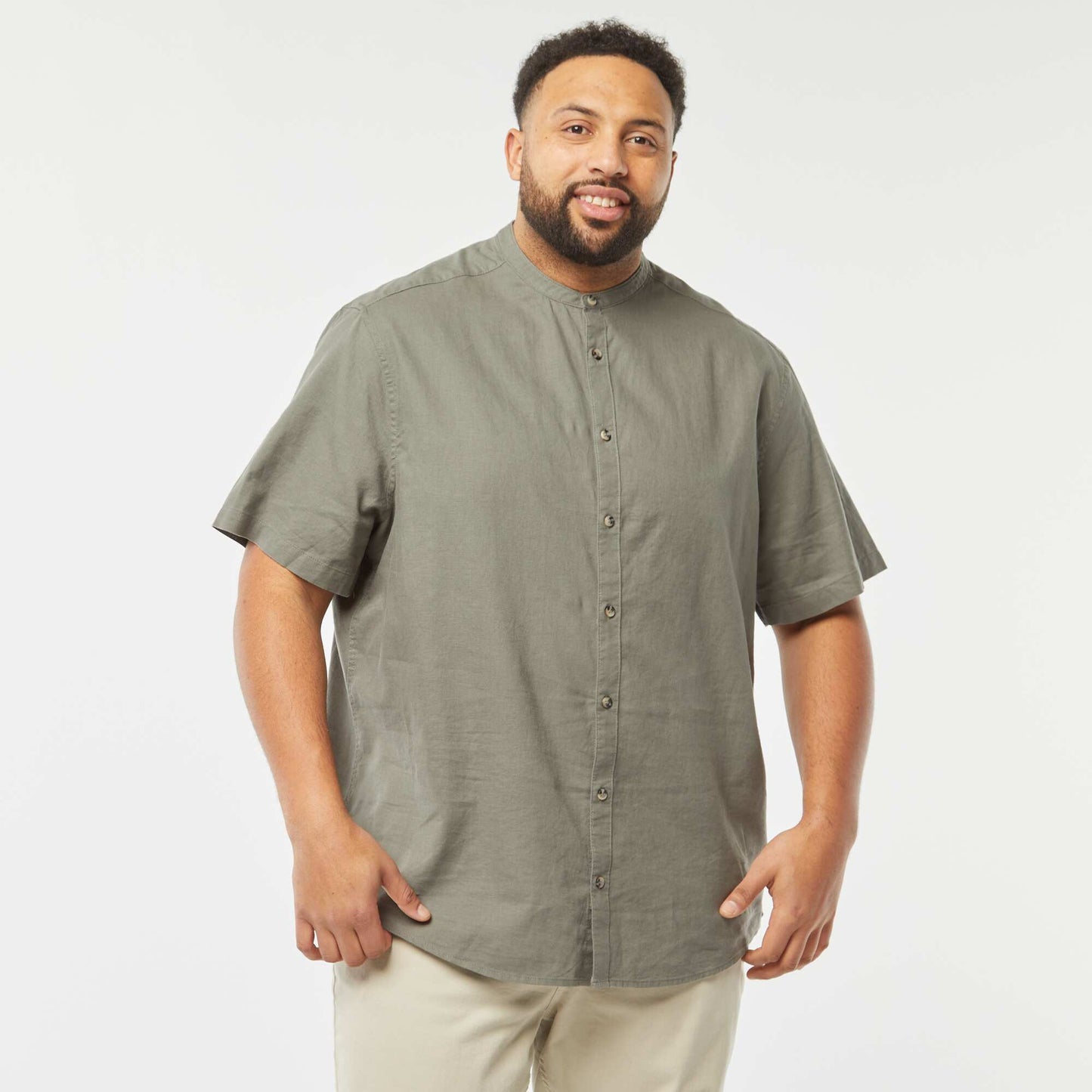 Plain short-sleeved linen-blend shirt GREEN