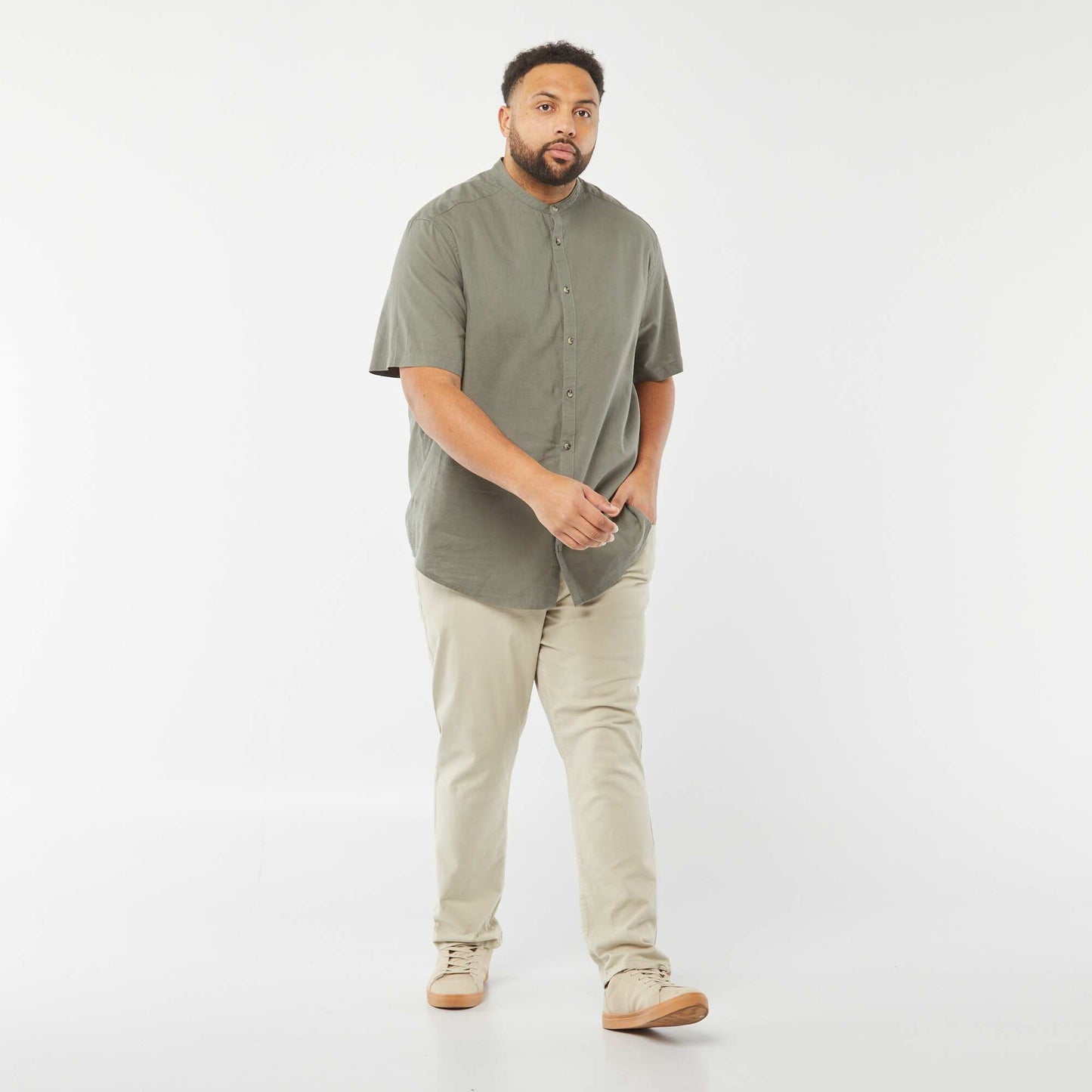 Plain short-sleeved linen-blend shirt GREEN