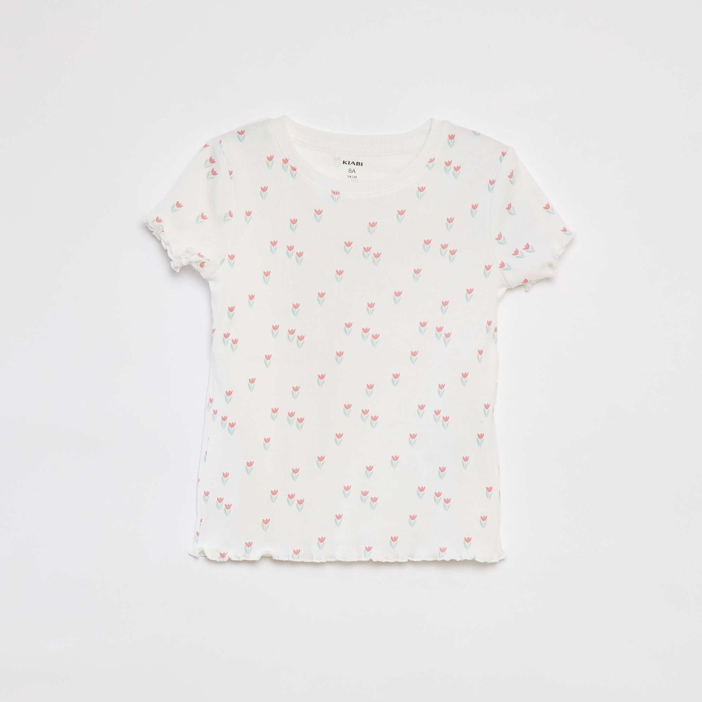 Patterned ribbed T-shirt with scalloped trim WHITE