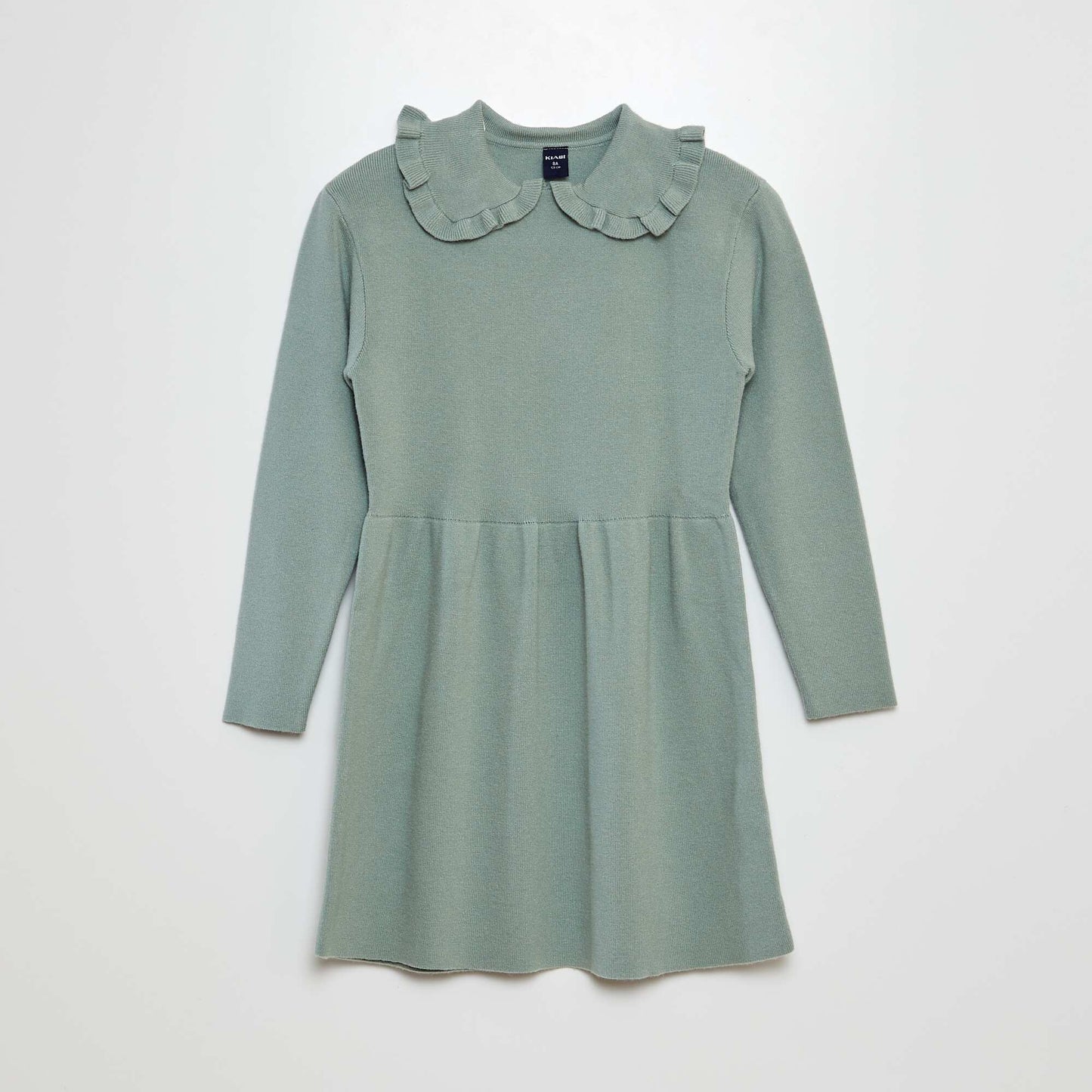 Knitted jumper dress with ruffled collar GREEN