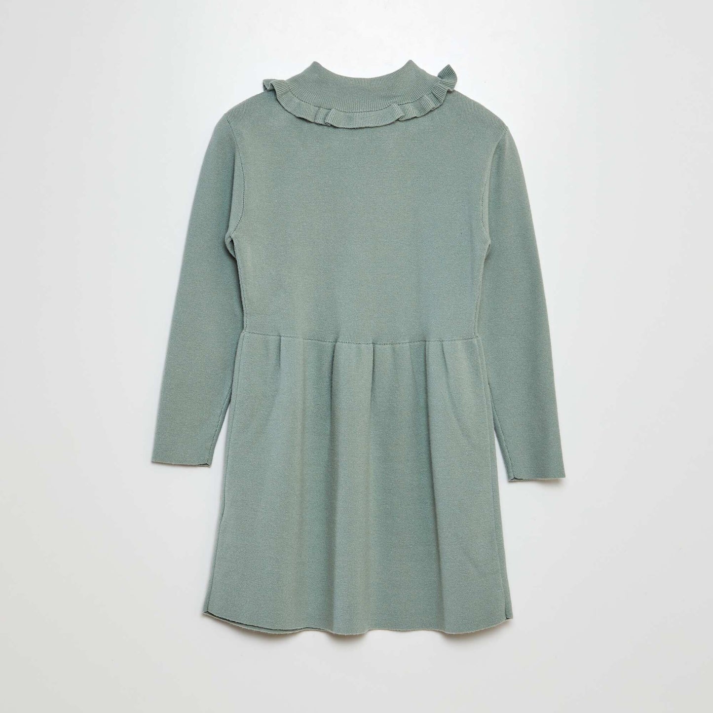 Knitted jumper dress with ruffled collar GREEN