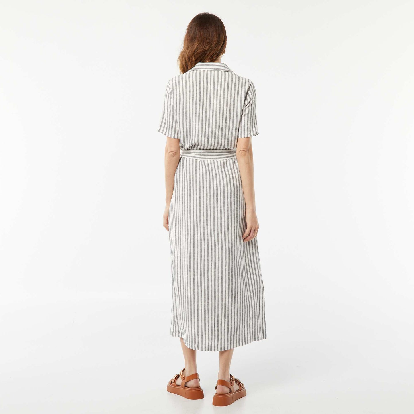 Short-sleeved linen blend long dress GREY