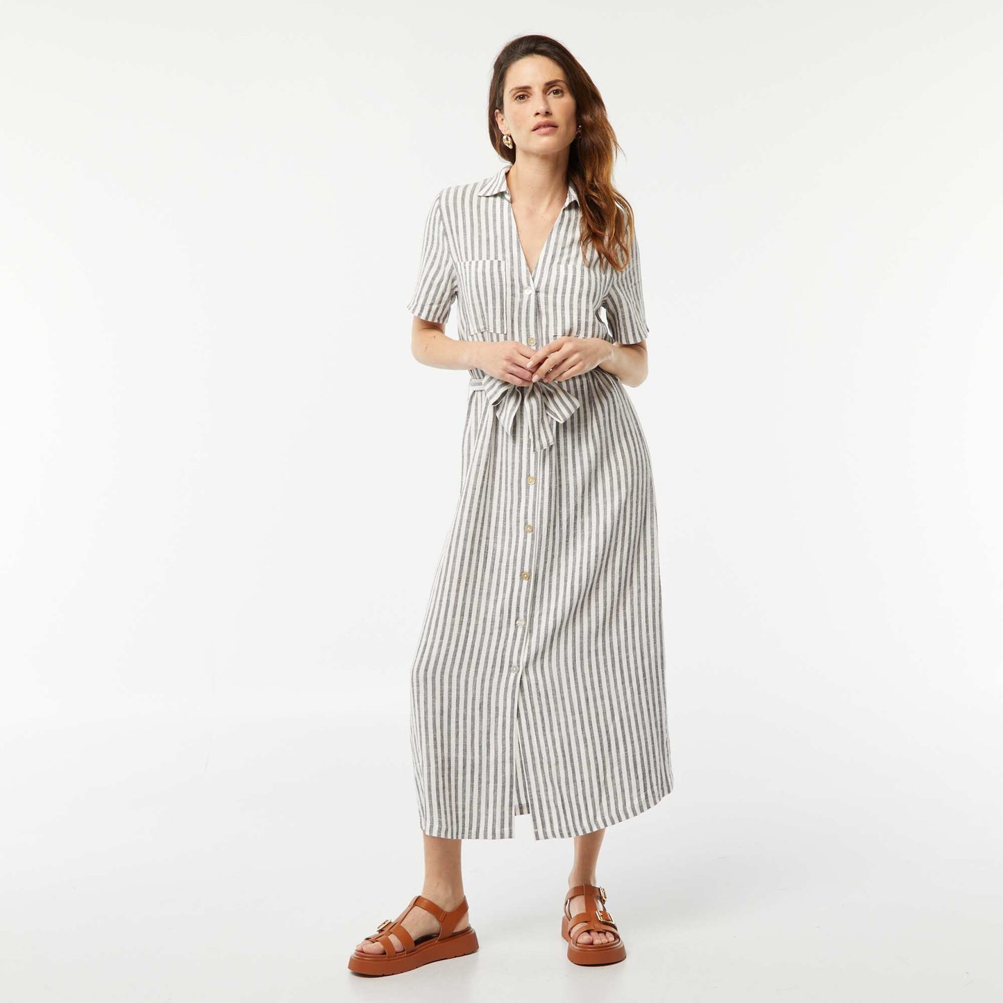Short-sleeved linen blend long dress GREY