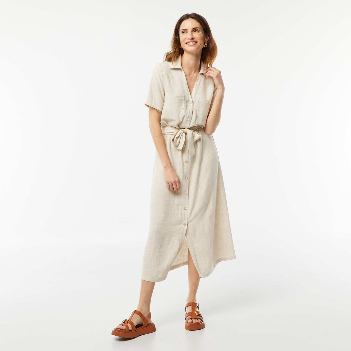 Short-sleeved linen blend long dress WHITE