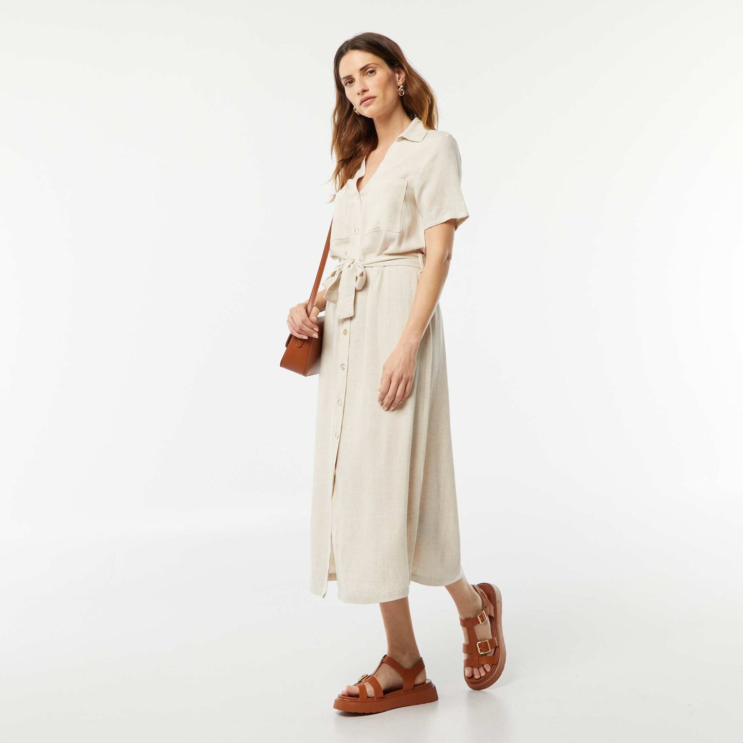 Short-sleeved linen blend long dress WHITE