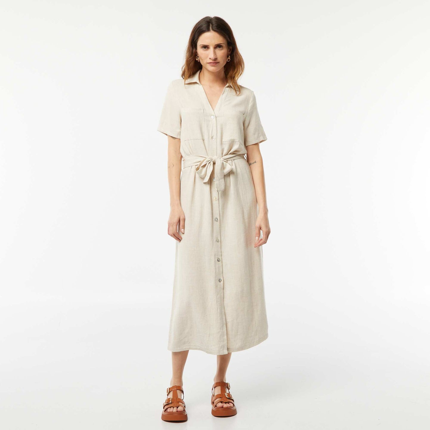 Short-sleeved linen blend long dress WHITE