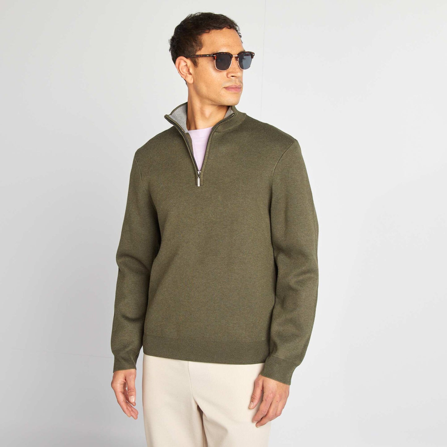 Knit jumper with high zipped neck GREEN