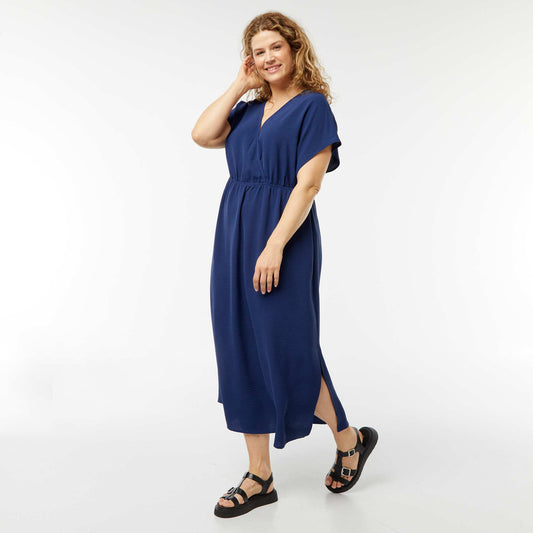 Stretch knit short-sleeved maxi dress BLUE