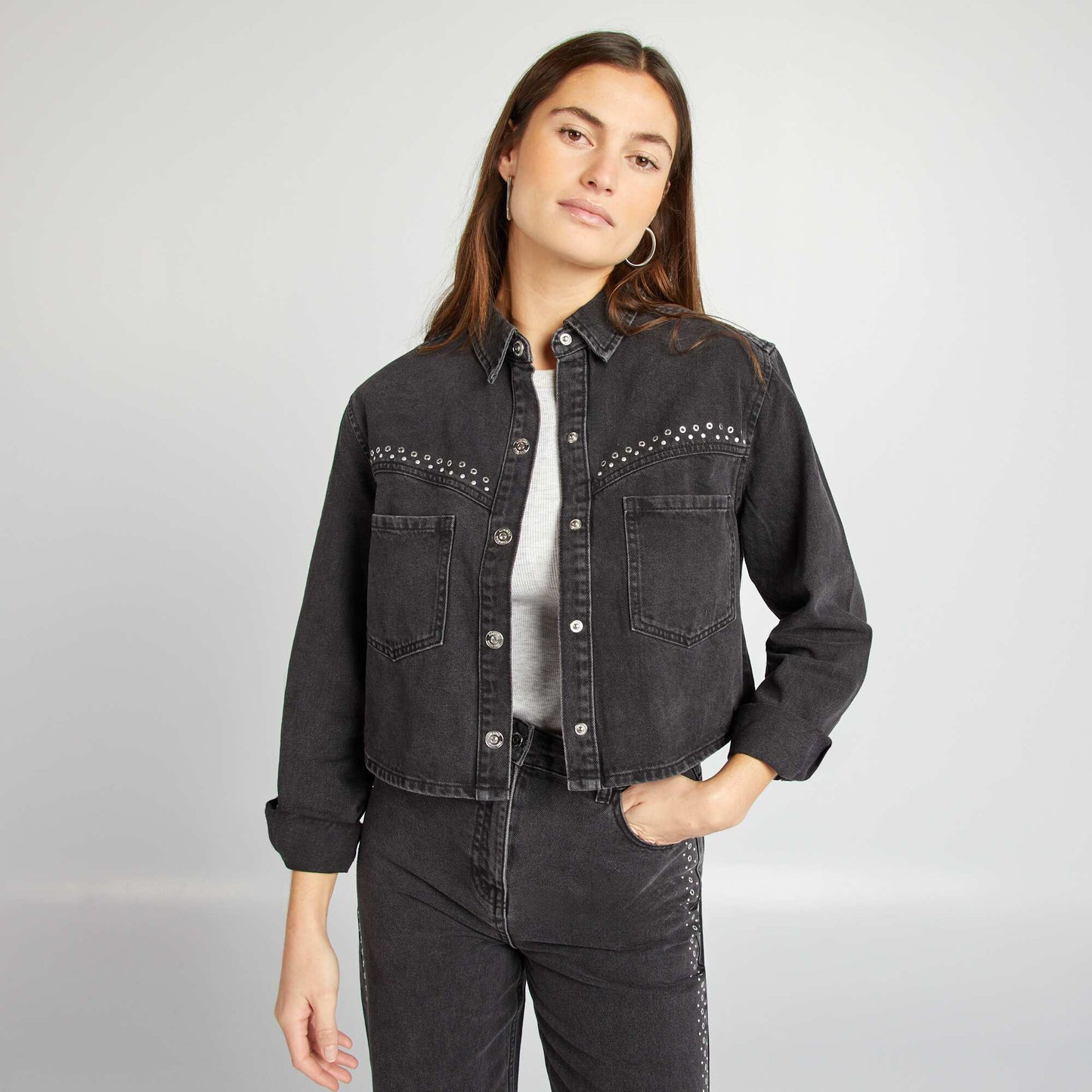 Denim overshirt with metallic details GREY