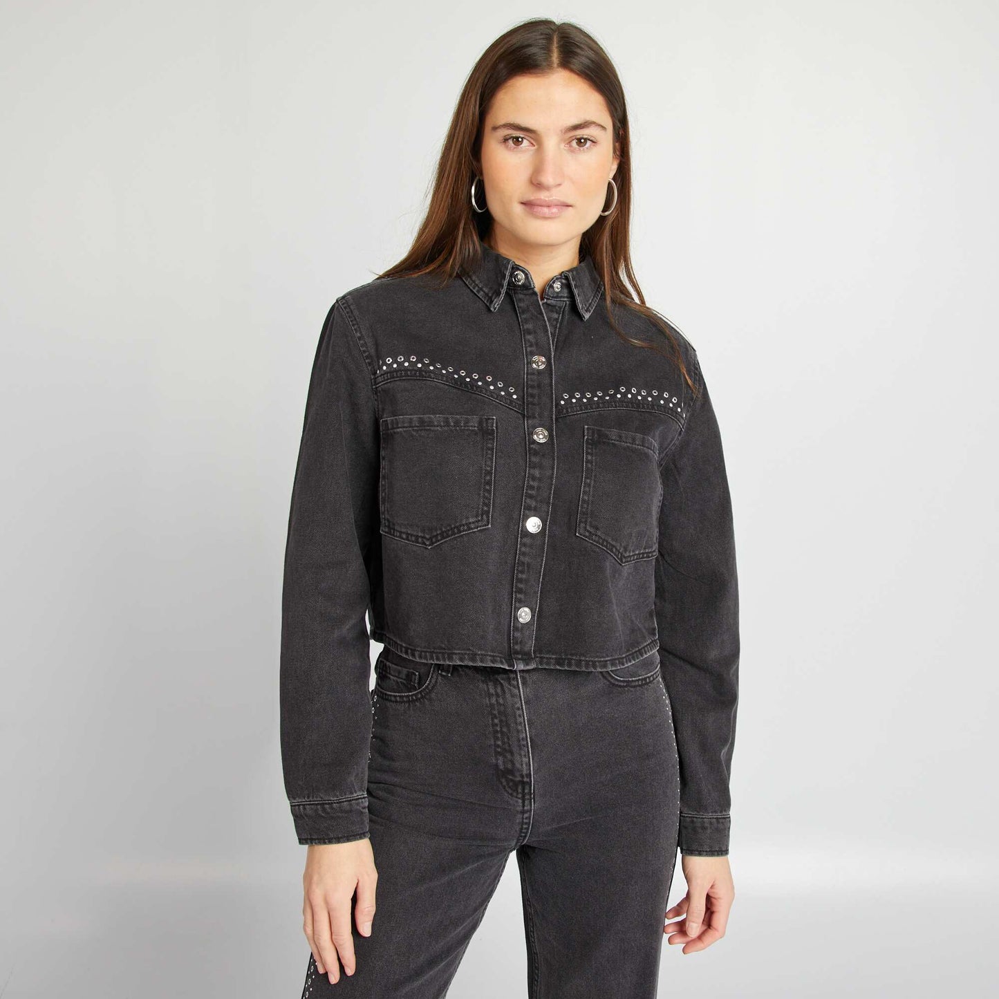 Denim overshirt with metallic details GREY