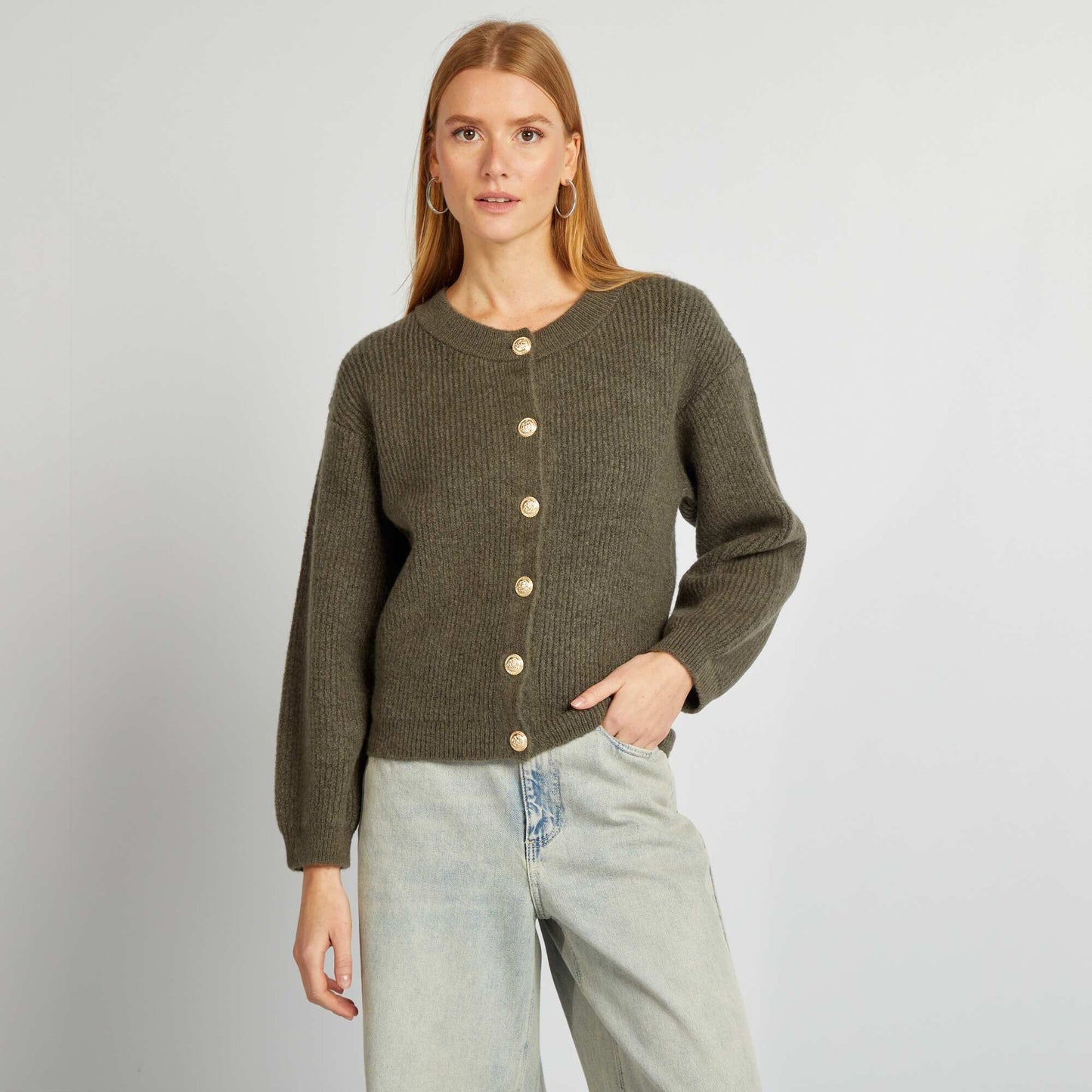 Chunky knit cardigan with gold buttons KHAKI